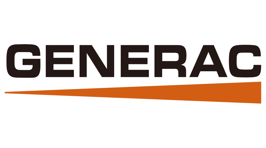 Generac logo: bold black wordmark with an orange angled underline/swoosh beneath.